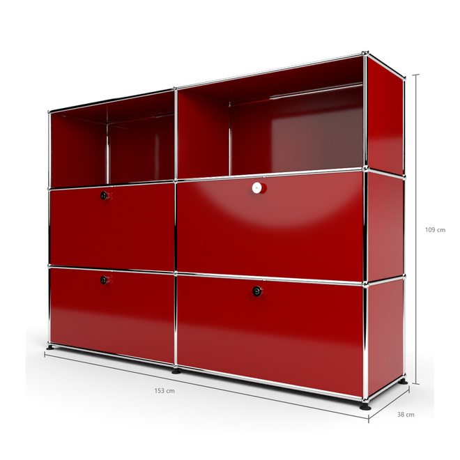 Highboard 3x2 mit 4 Klapptren mitte und unten, Rubinrot