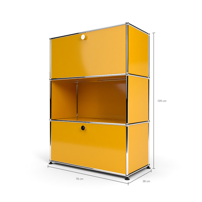 Highboard 3x1 mit 2 Klapptren oben und unten, Goldgelb