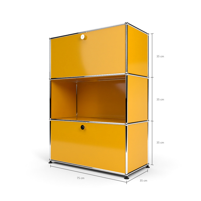 Highboard 3x1 mit 2 Klapptren oben und unten, Goldgelb