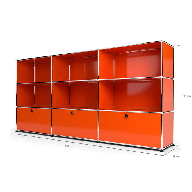 Highboard 3x3 mit 3 Klapptren unten, Orange