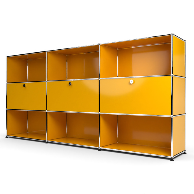 Highboard 3x3 mit 3 Klapptren Mitte, Goldgelb