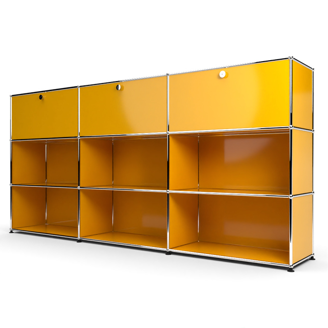 Highboard 3x3 mit 3 Klapptren oben, Goldgelb