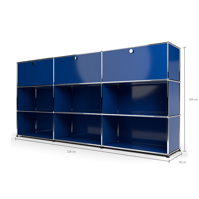 Highboard 3x3 mit 3 Klapptren oben, Enzianblau