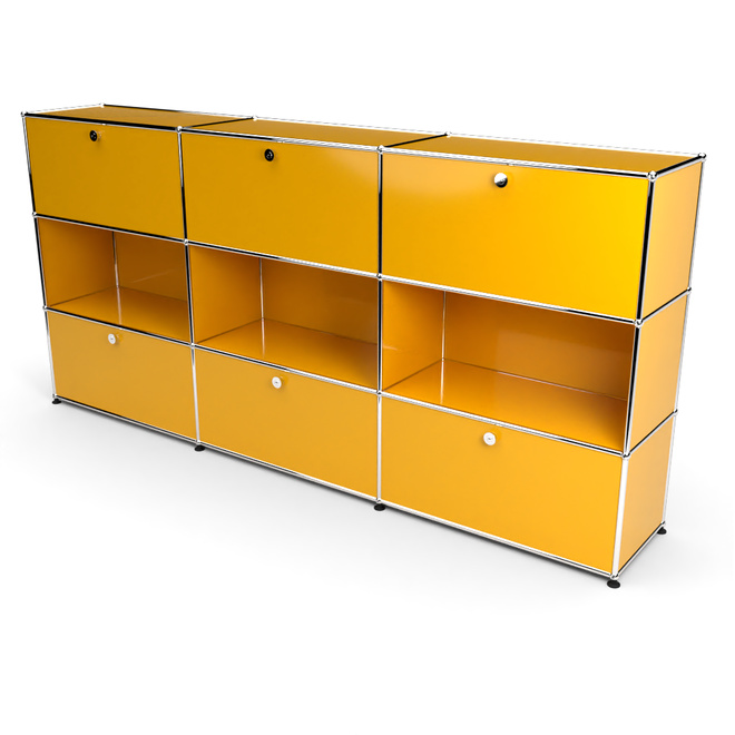 Highboard 3x3 mit 6 Klapptren oben und unten, Goldgelb