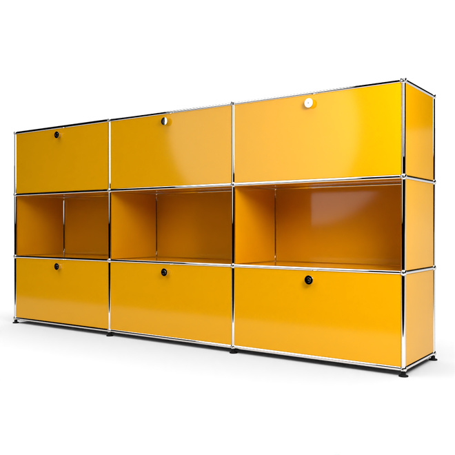 Highboard 3x3 mit 6 Klapptren oben und unten, Goldgelb