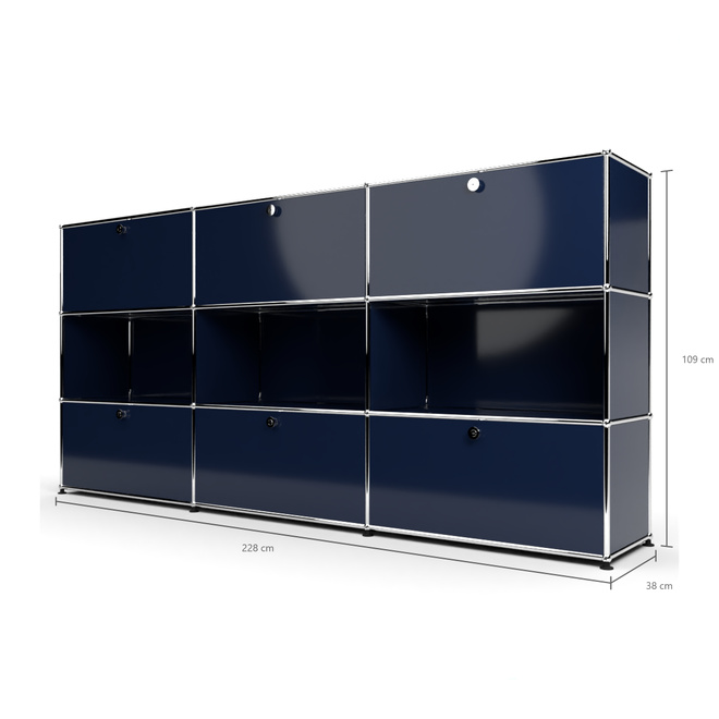 Highboard 3x3 mit 6 Klapptren oben und unten, Stahlblau