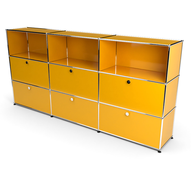 Highboard 3x3 mit 6 Klapptren mitte und unten, Goldgelb