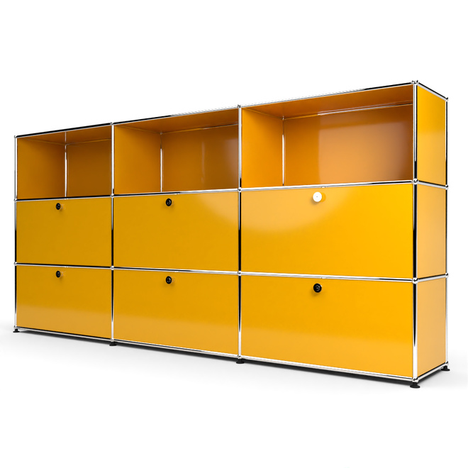 Highboard 3x3 mit 6 Klapptren mitte und unten, Goldgelb