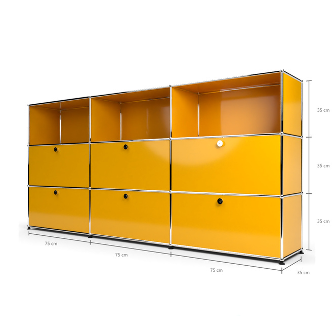 Highboard 3x3 mit 6 Klapptren mitte und unten, Goldgelb