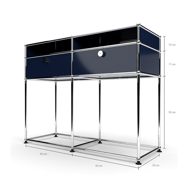 Konsolentisch 2x2 mit 2 Klapptren und schmalem Fach, Stahlblau