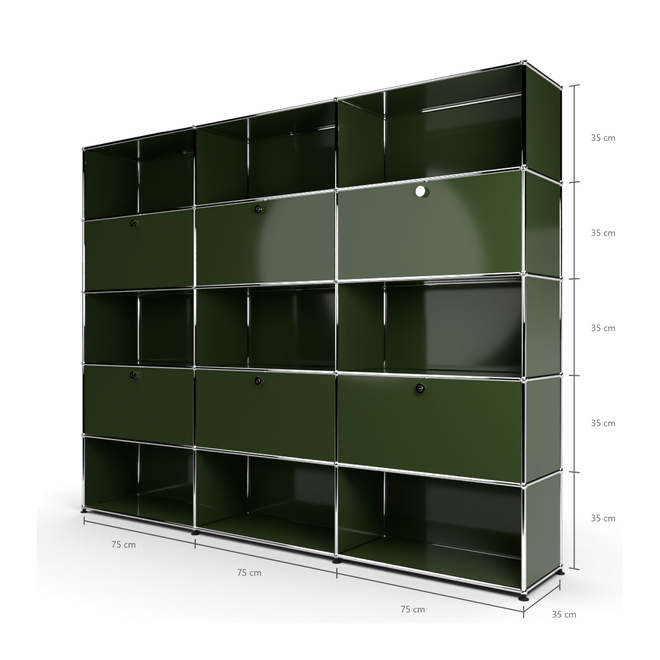 Wandregal 5x3 mit 6 Klapptren, Reihe 2, Reihe 4, Olivgrn