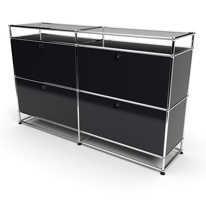 Sideboard 2x2 mit 4 Klapptren, mit Glasablage, Graphitschwarz