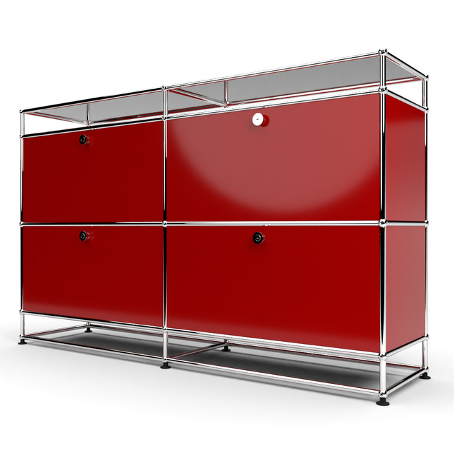 Sideboard 2x2 mit 4 Klapptren, mit Glasablage, Rubinrot