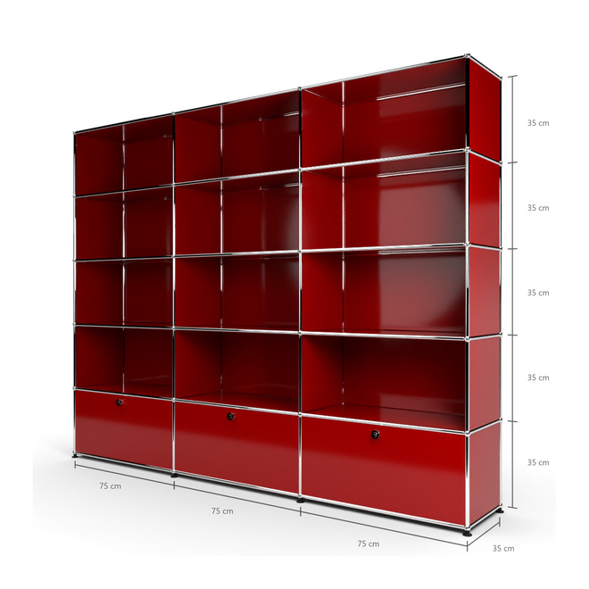 Wandregal 5x3 mit 3 Schubladen unten, Rubinrot